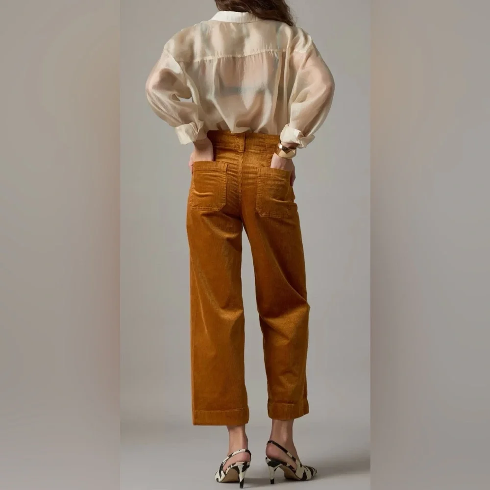 Maeve by Anthropologie The Colette Corduroy Wide Leg Crop Pants Brown Caramel 33 - Picture 2 of 9